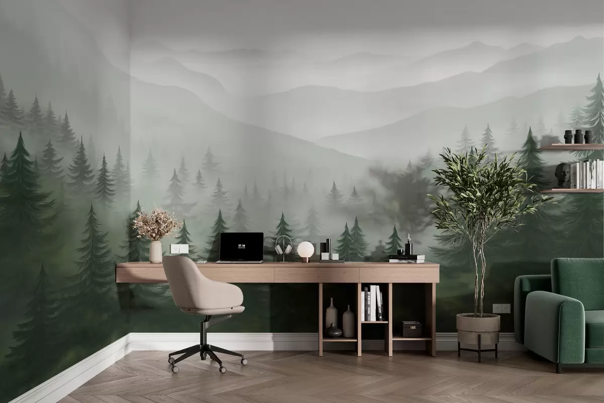 murales de pared Bosque verde brumoso w02450