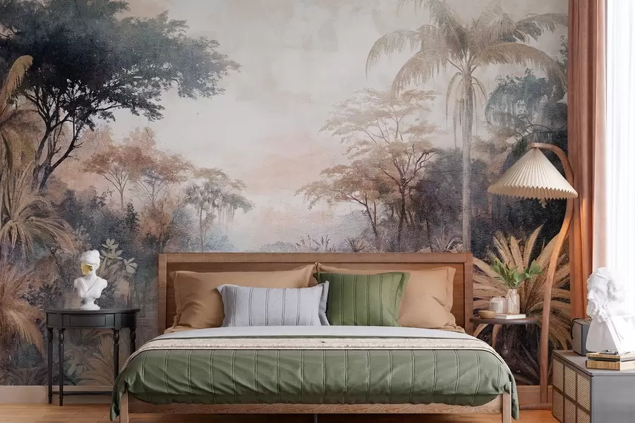 murales de pared Un paisaje tropical texturizado con un tranquilo río rodeado de exuberantes palmeras, arbustos y otros follajes w08460