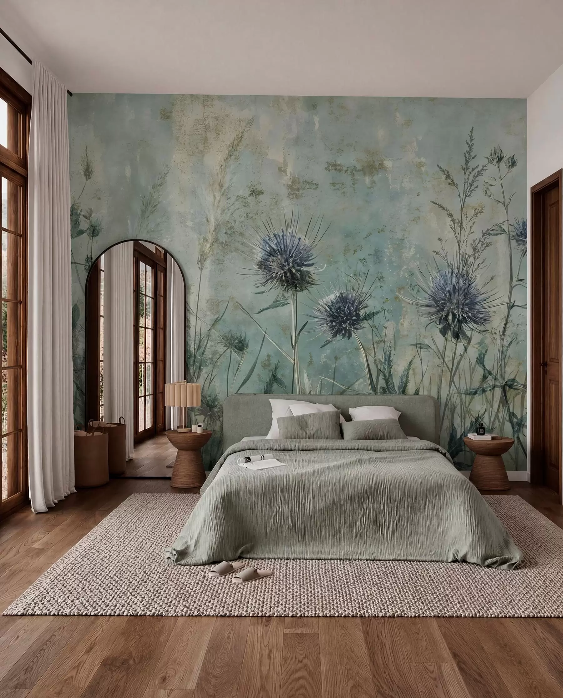 murales de pared Un campo de flores de cardo púrpura con flores borrosas y follaje en el fondo de textura vintage w08463