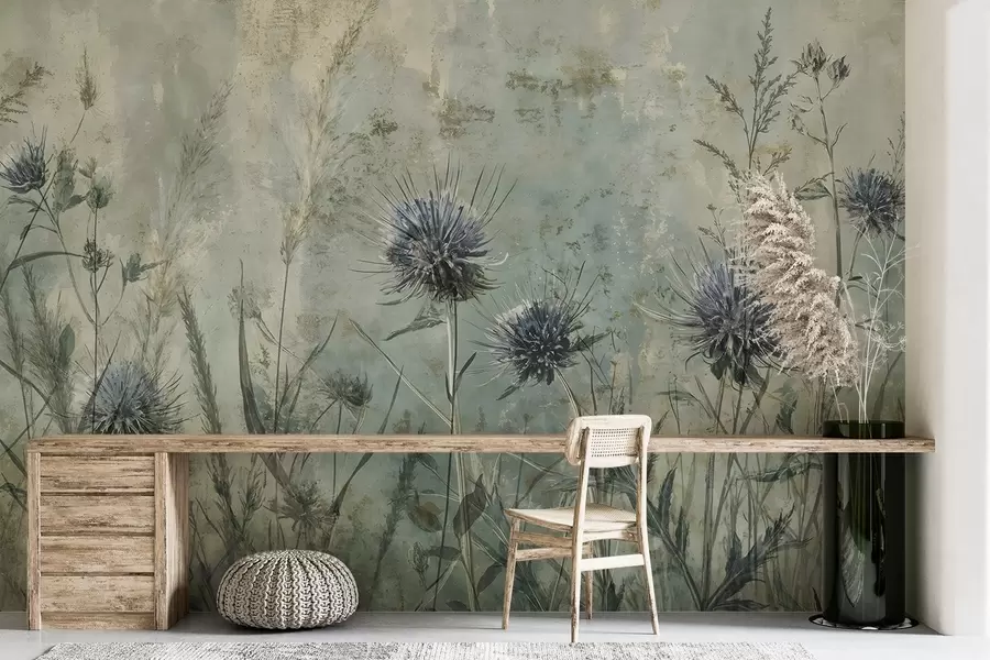 murales de pared Un campo de flores de cardo púrpura con flores borrosas y follaje en el fondo de textura vintage w08463