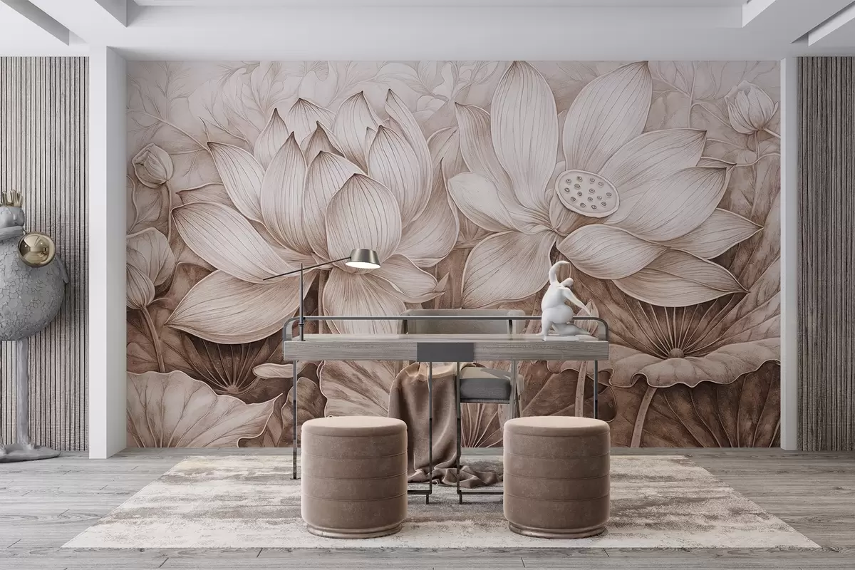 murales de pared Varias flores grandes de loto beige con textura detallada y hojas y tallos marrones sobre fondo claro w08465v1