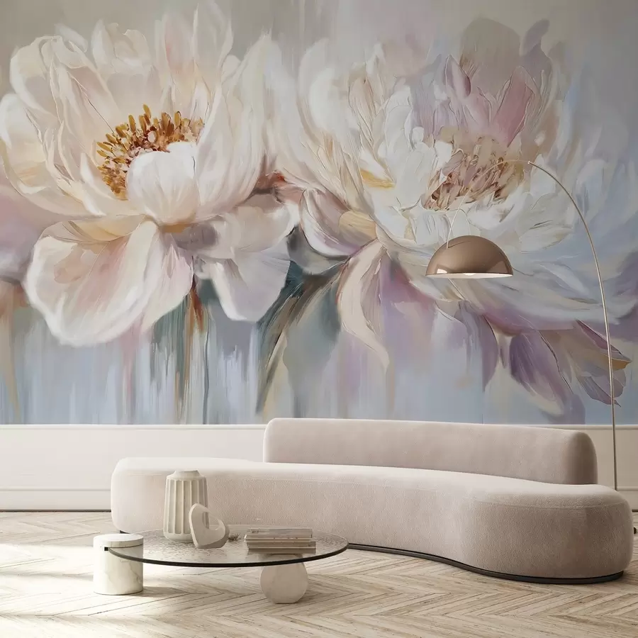 murales de pared Suaves y delicadas peonías blancas y rosa pastel con exuberantes pétalos sobre un fondo difuminado que imita una pintura w08466