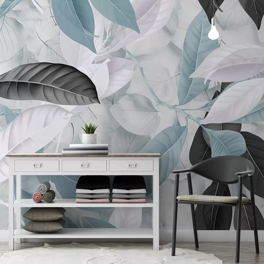 murales de pared Gran estampado de hojas azules y grises sobre un fondo con textura de hojas claras, que crea una exuberante sensación tropical w08468v1
