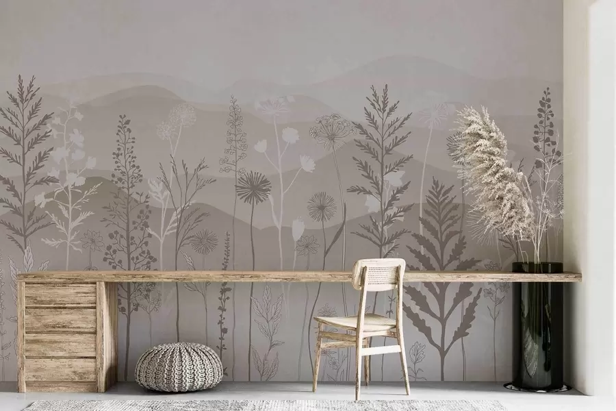 murales de pared papel pintado ecológico, flores silvestres en tonos marrones claros w02443v1