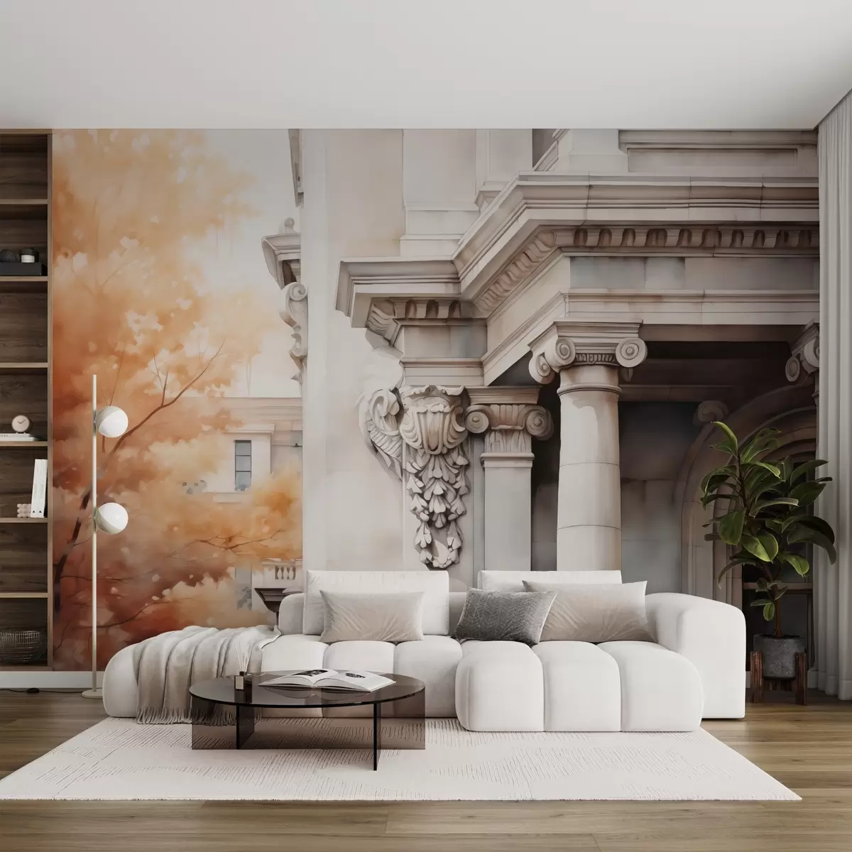 murales de pared Parte de una casa con columnas junto a un árbol imitación de acuarela w02495