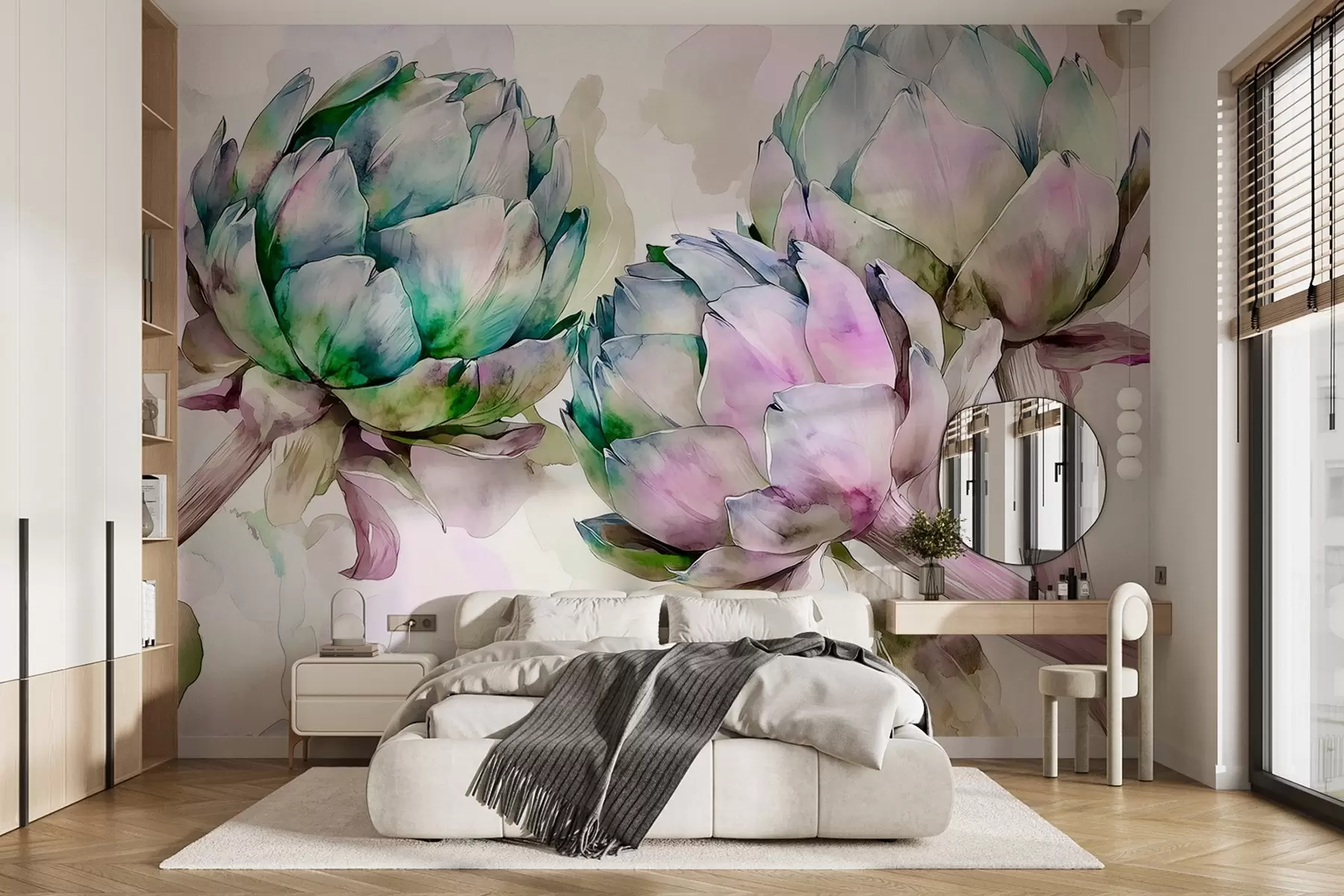 murales de pared Alcachofas estilo acuarela, flores, morado y verde w02481