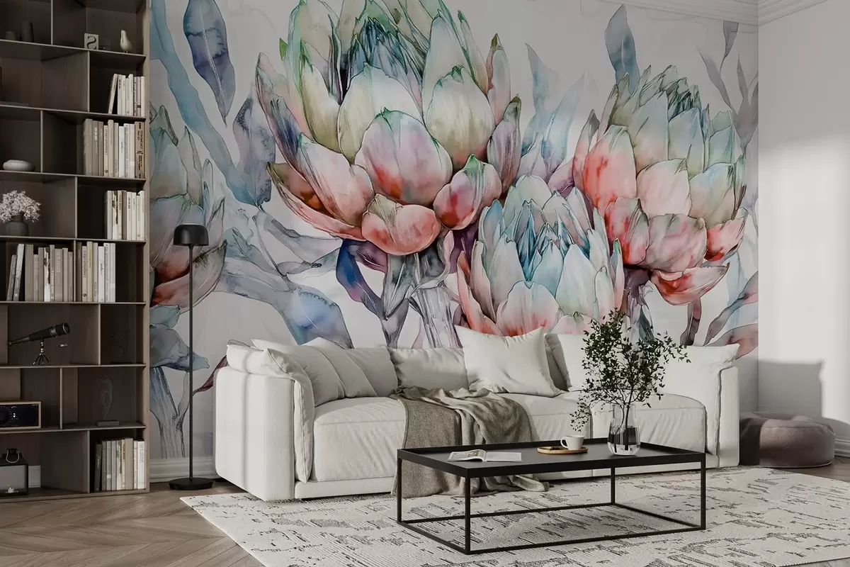 murales de pared Alcachofas dibujo, estilo acuarela, floral, rojo, morado, verde w02484v1