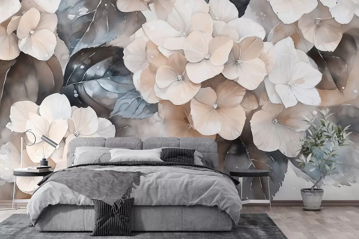 murales de pared Flores de hortensia, dibujo estilo acuarela, colores beige, floral w02488