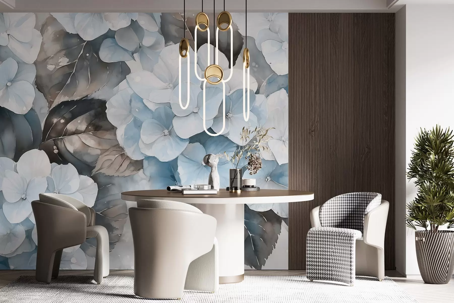 murales de pared Flores de hortensia, dibujo estilo acuarela, colores azules, floral w02488v1