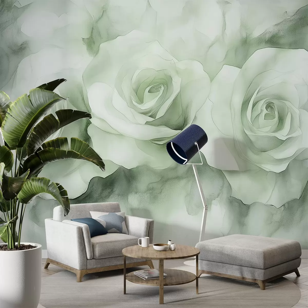 murales de pared Hermosas rosas, estilo acuarela, colores verdes, bohemio w02492v2