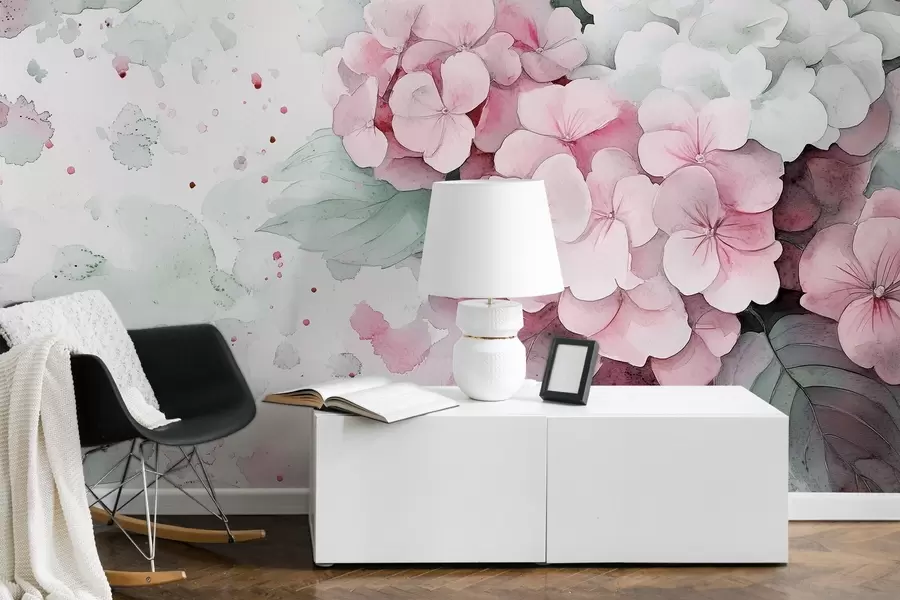 murales de pared Dibujo estilo acuarela de flores de hortensia con hojas, colores rosa suave y verde w02493v1