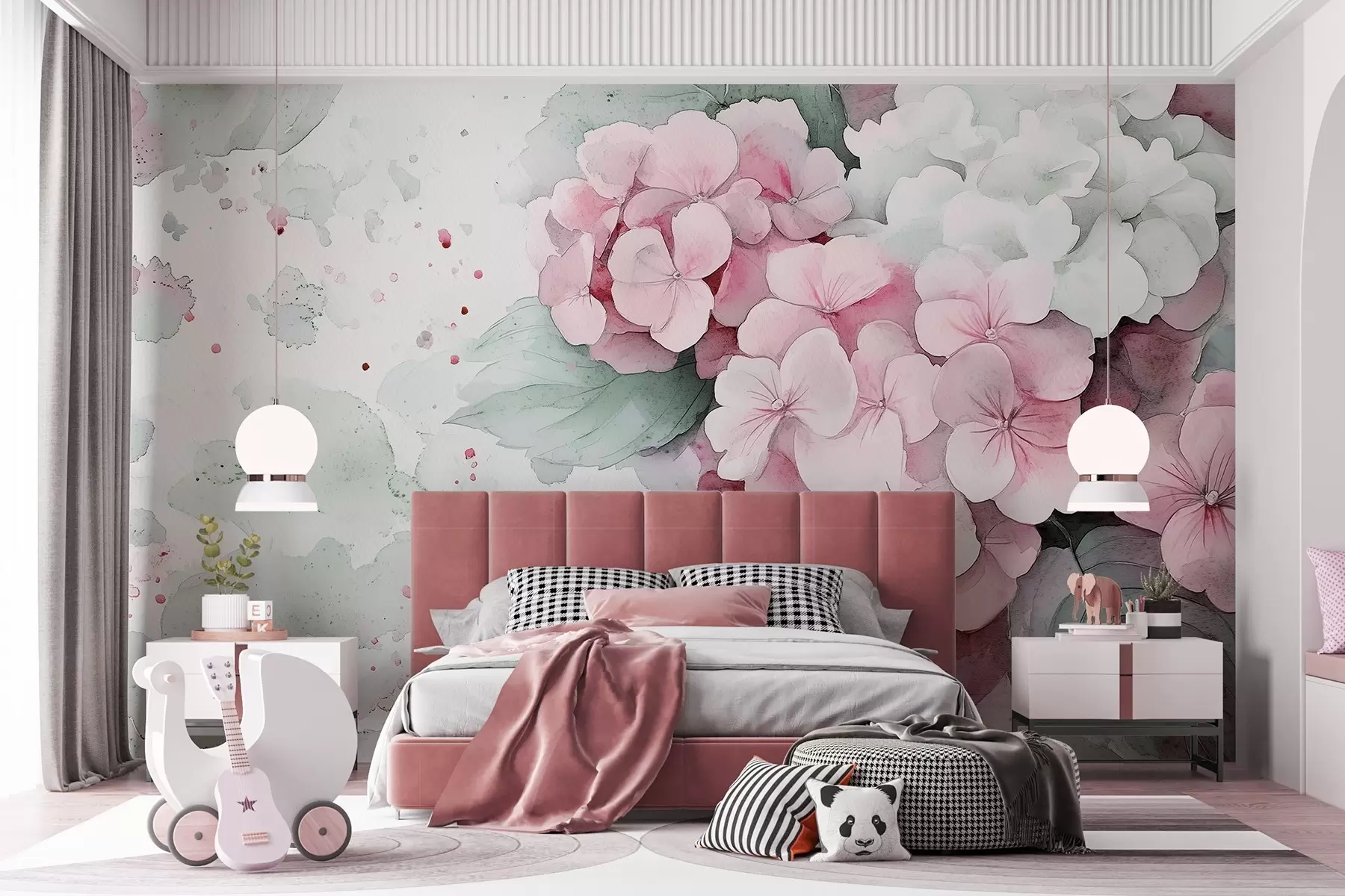 murales de pared Dibujo estilo acuarela de flores de hortensia con hojas, colores rosa suave y verde w02493v1