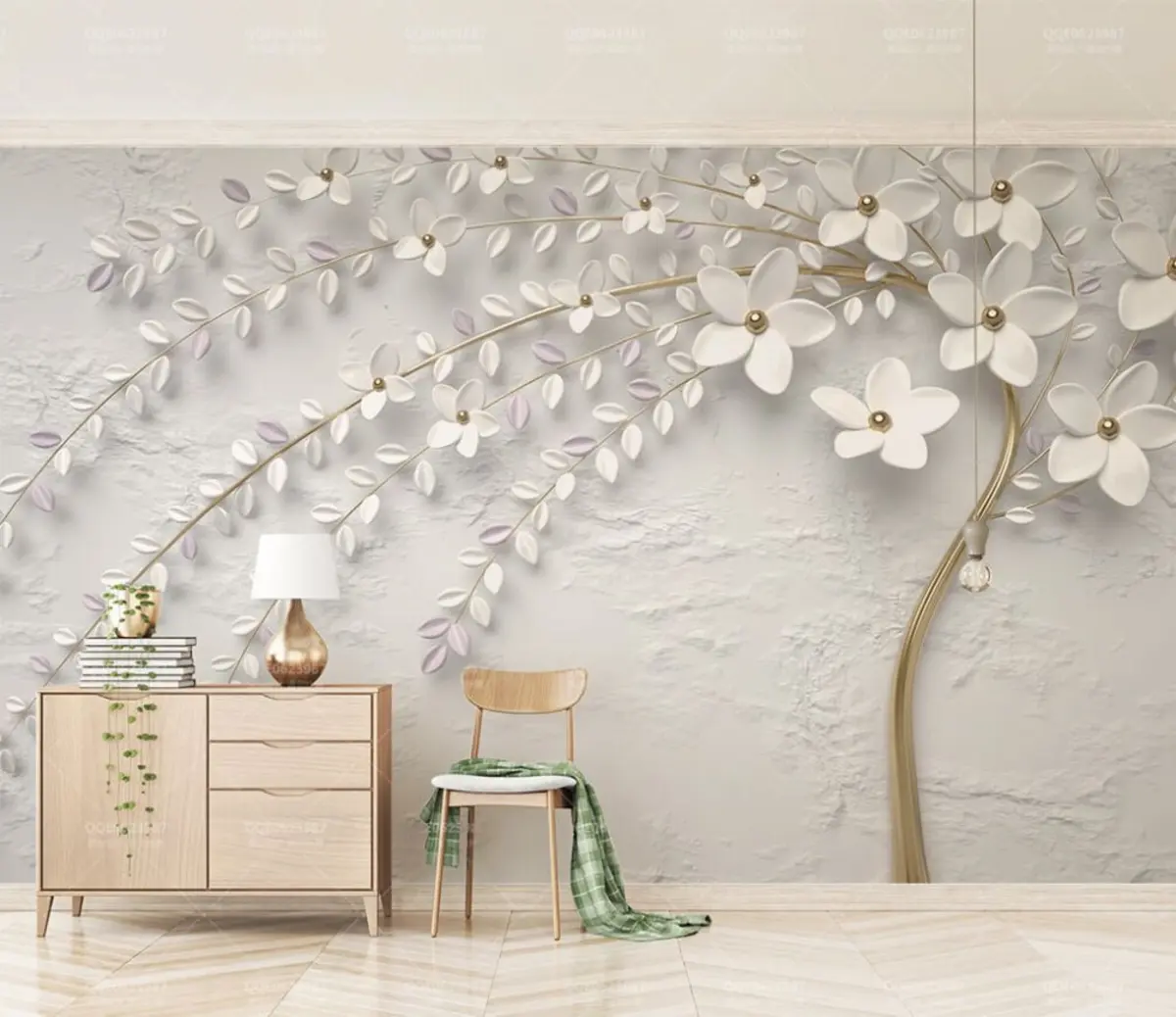 murales de pared Árbol en flor con ramas colgantes en tonos blanco claro y beige u43124