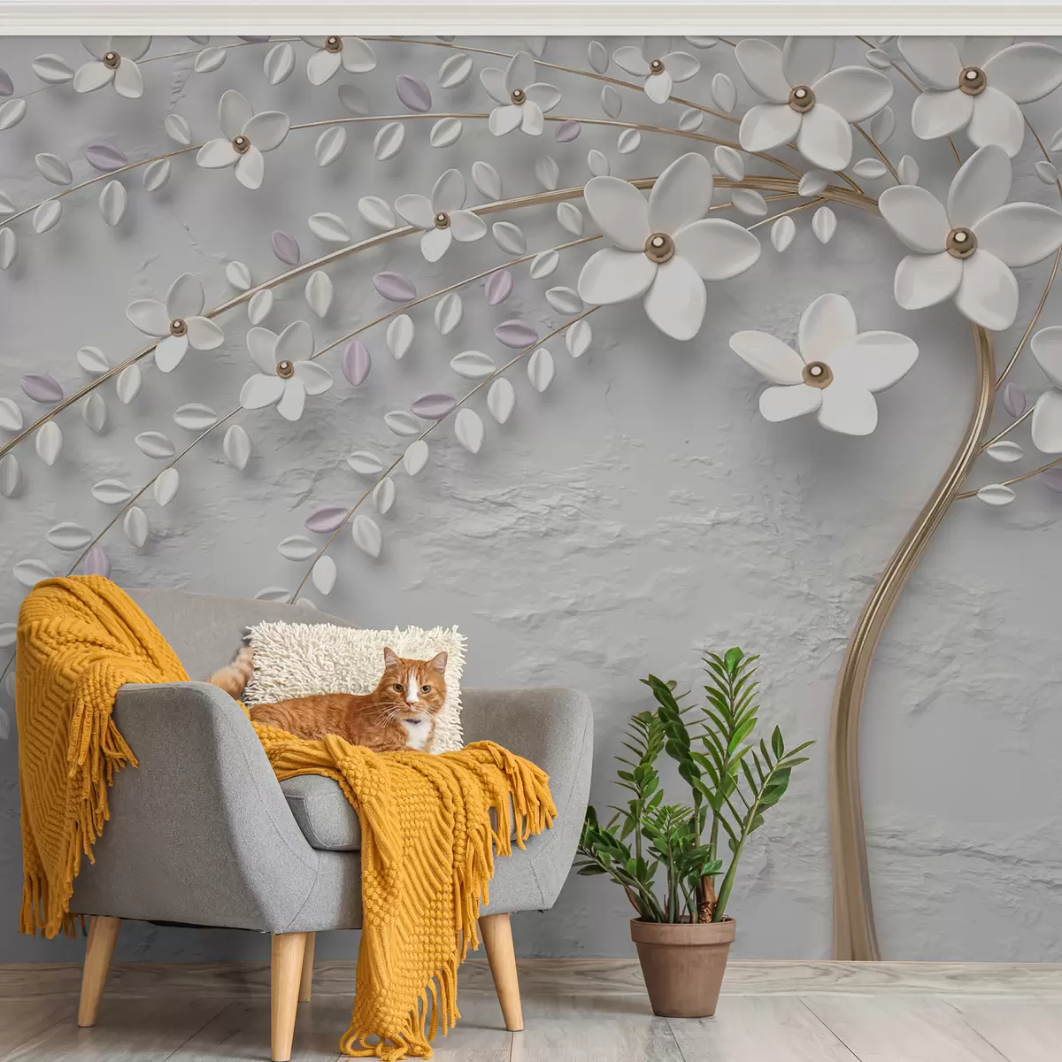 murales de pared Árbol en flor con ramas colgantes en tonos blanco claro y beige u43124