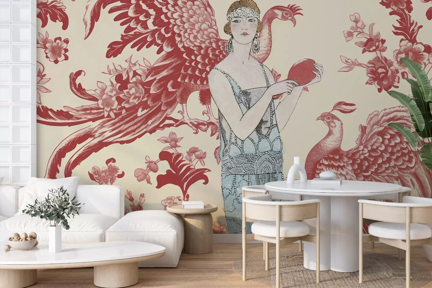 murales de pared Elegante motivo floral vintage con una mujer en tonos rojos w02532v1