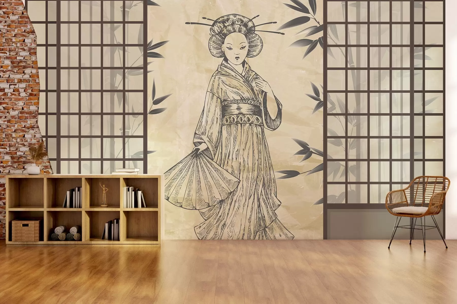 murales de pared Antigua casa de estilo asiático, chica con ropa tradicional, cerezos en flor, flores de cerezo, Shoji w02535