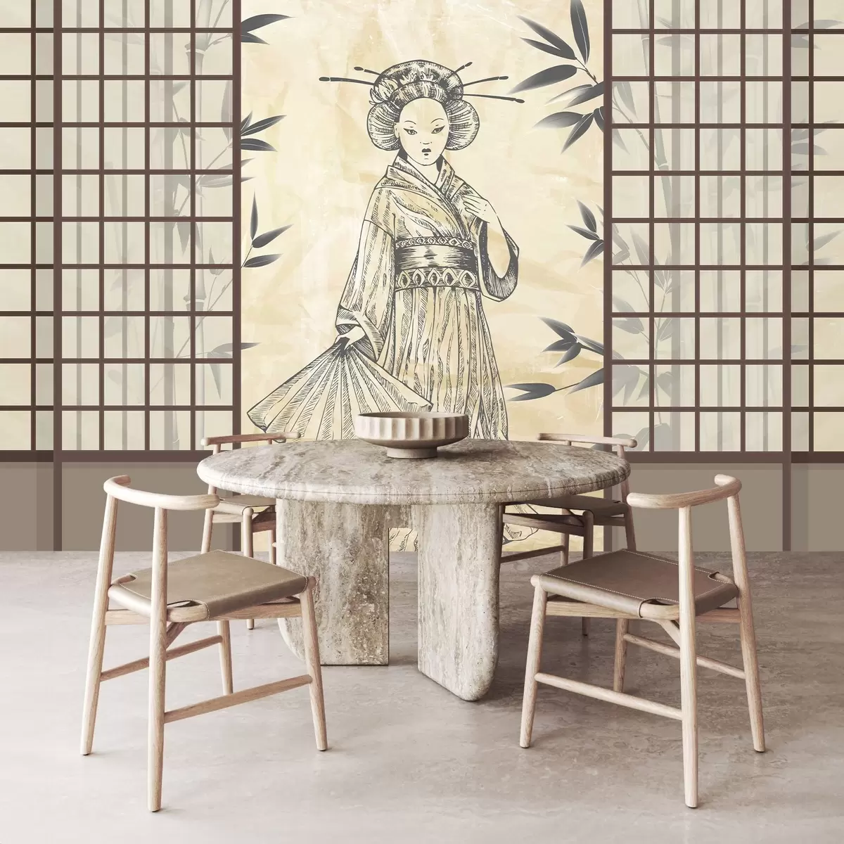 murales de pared Antigua casa de estilo asiático, chica con ropa tradicional, cerezos en flor, flores de cerezo, Shoji w02535