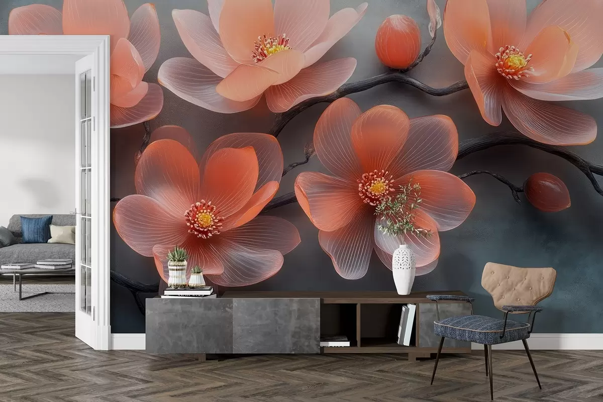 murales de pared Un ramo de flores de magnolia de cristal translúcido sobre un fondo de hormigón gris w08497