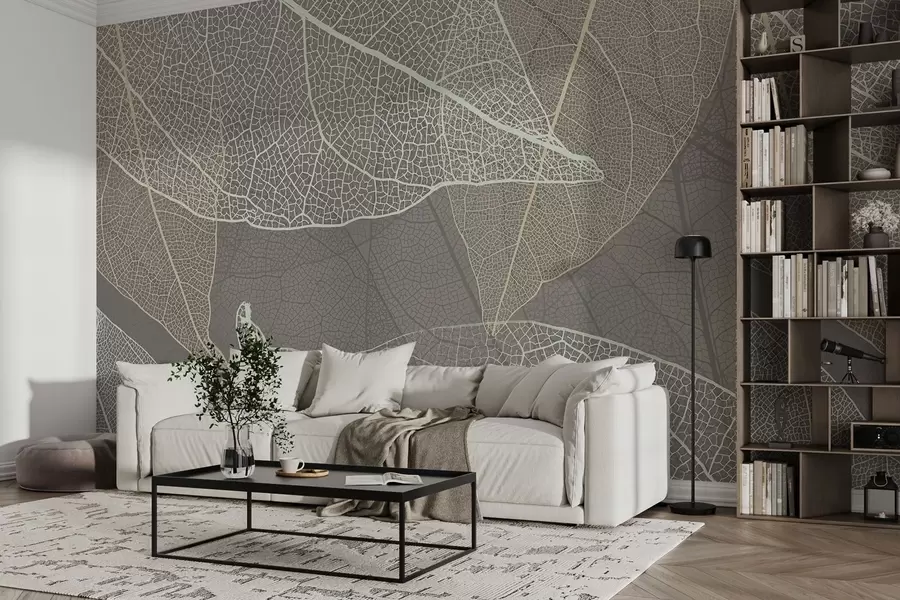 murales de pared primer plano de hojas con venas en tonos grises cálidos w02520v2