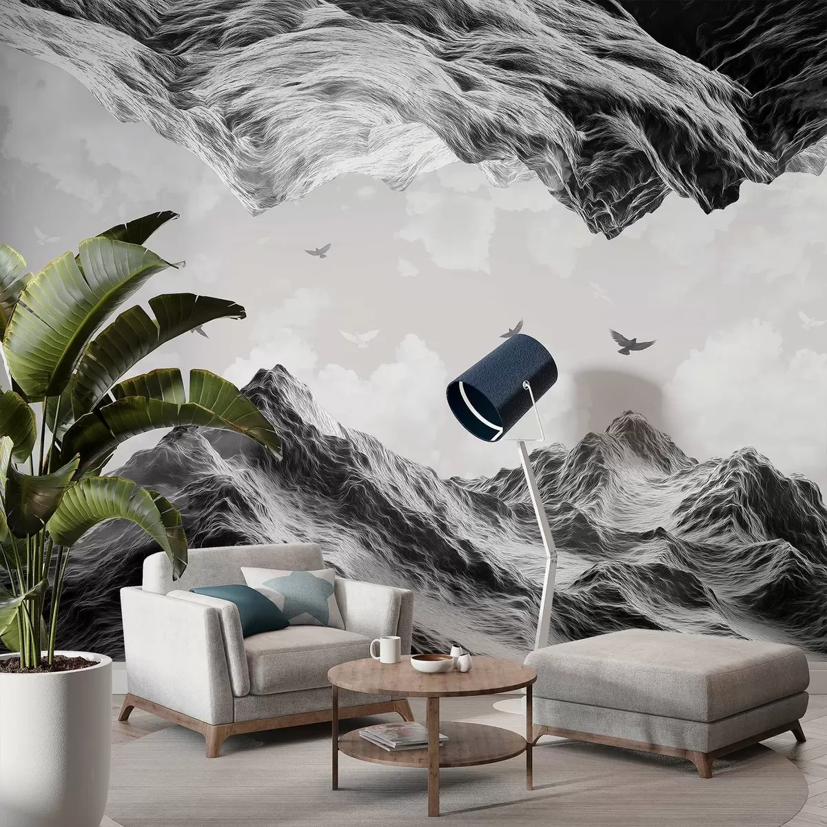 murales de pared Paisaje de montaña, realismo, pájaros volando, naturaleza, nubes, colores blanco y negro w02514