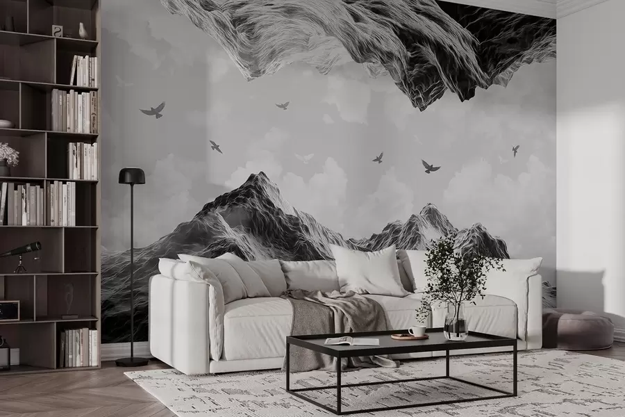 murales de pared Paisaje de montaña, realismo, pájaros volando, naturaleza, nubes, colores blanco y negro w02514