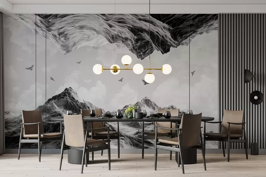 murales de pared Paisaje de montaña, realismo, pájaros volando, naturaleza, nubes, colores blanco y negro w02514