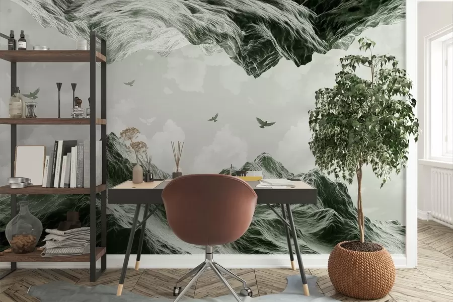 murales de pared Paisaje de montaña, realismo, pájaros volando, naturaleza, nubes, colores verdes w02514v3