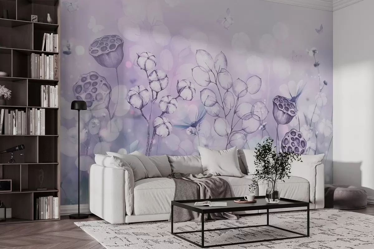 murales de pared Jardín de flores de ensueño, mariposa, flores de algodón, lotos, colores morados w02516v1