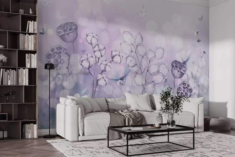 murales de pared Jardín de flores de ensueño, mariposa, flores de algodón, lotos, colores morados w02516v1