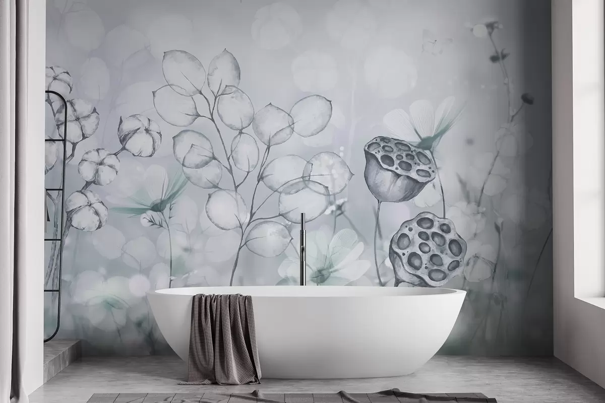 Murales de pared Jardín de flores de ensueño, mariposa, flores de algodón, lotos, colores grises w02516v2 murales de pared Jardín de flores de ensueño, mariposa, flores de algodón, lotos, colores grises w02516v2