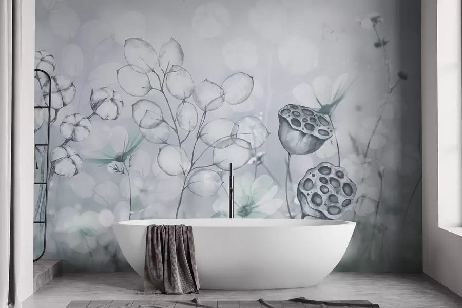 Murales de pared Jardín de flores de ensueño, mariposa, flores de algodón, lotos, colores grises w02516v2 murales de pared Jardín de flores de ensueño, mariposa, flores de algodón, lotos, colores grises w02516v2