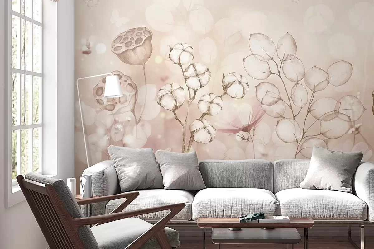 murales de pared Jardín de flores de ensueño, mariposa, flores de algodón, lotos, colores beige w02516v3