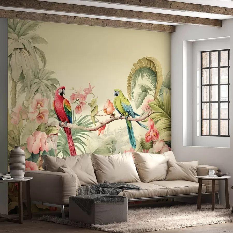 murales de pared Dos loros en arbustos tropicales w08507