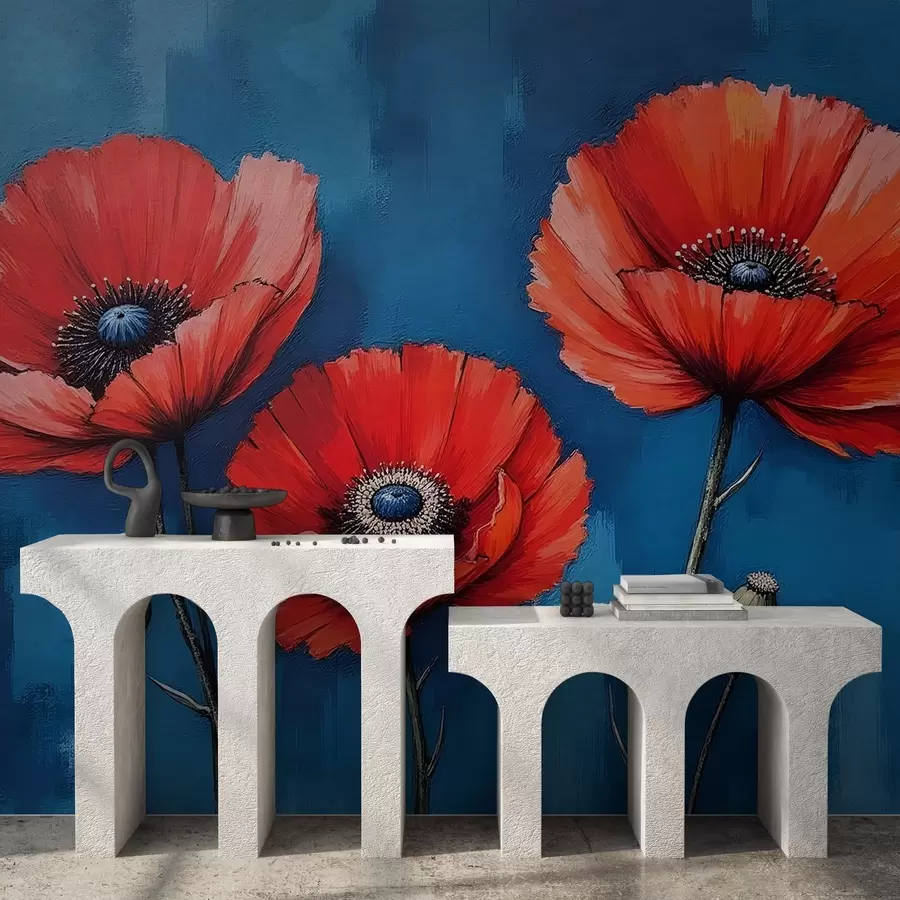murales de pared Amapolas rojas pintadas sobre un muro de hormigón azul w02609