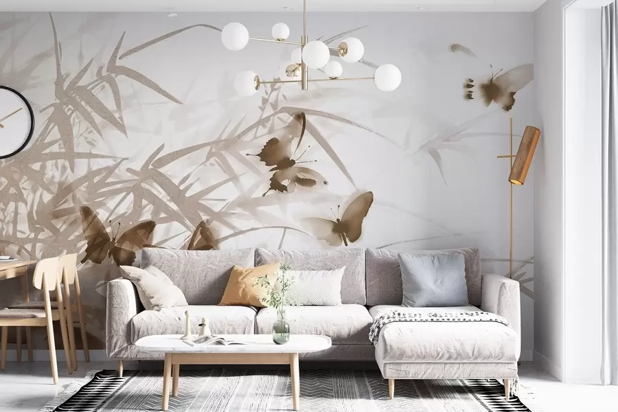 murales de pared Texturas de hojas y tallos de bambú con mariposas marrones voladoras de alas transparentes w08524v1