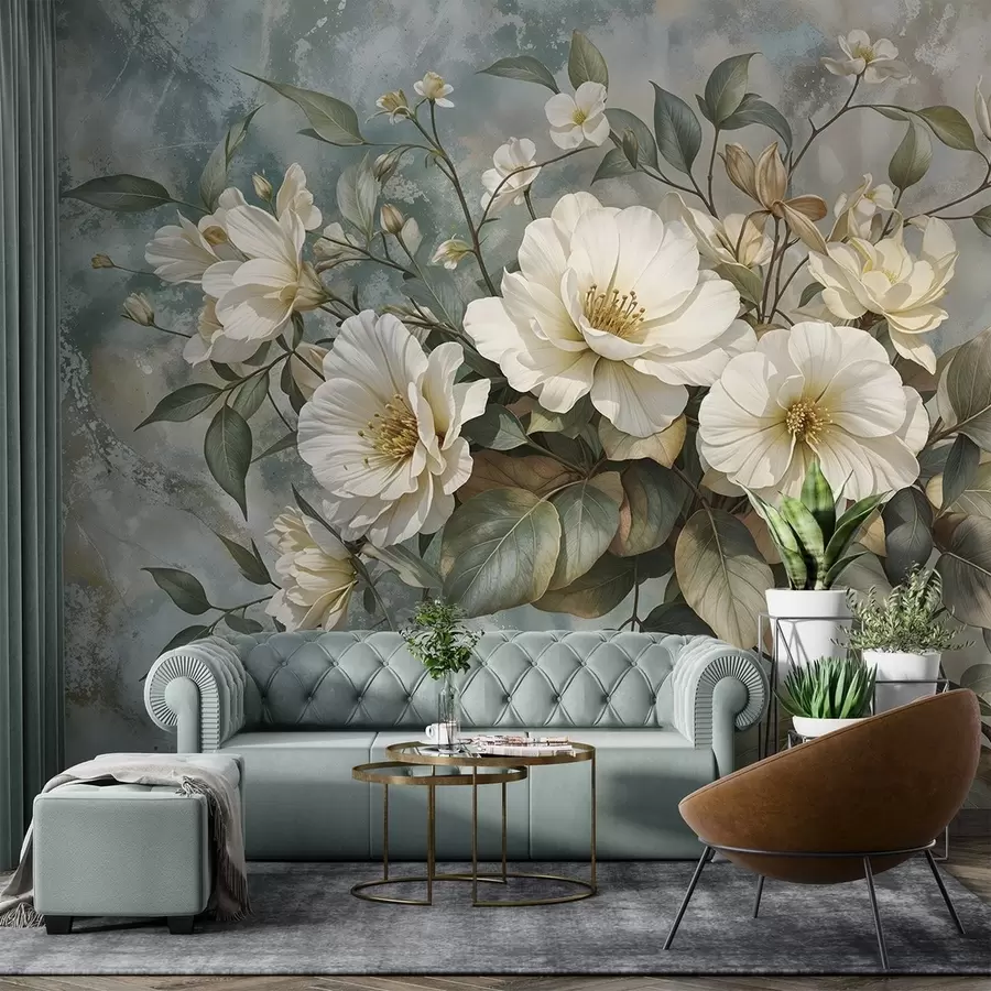 murales de pared Grandes flores de peonía blancas con hojas verdes sobre un fondo turquesa de textura suave w08528