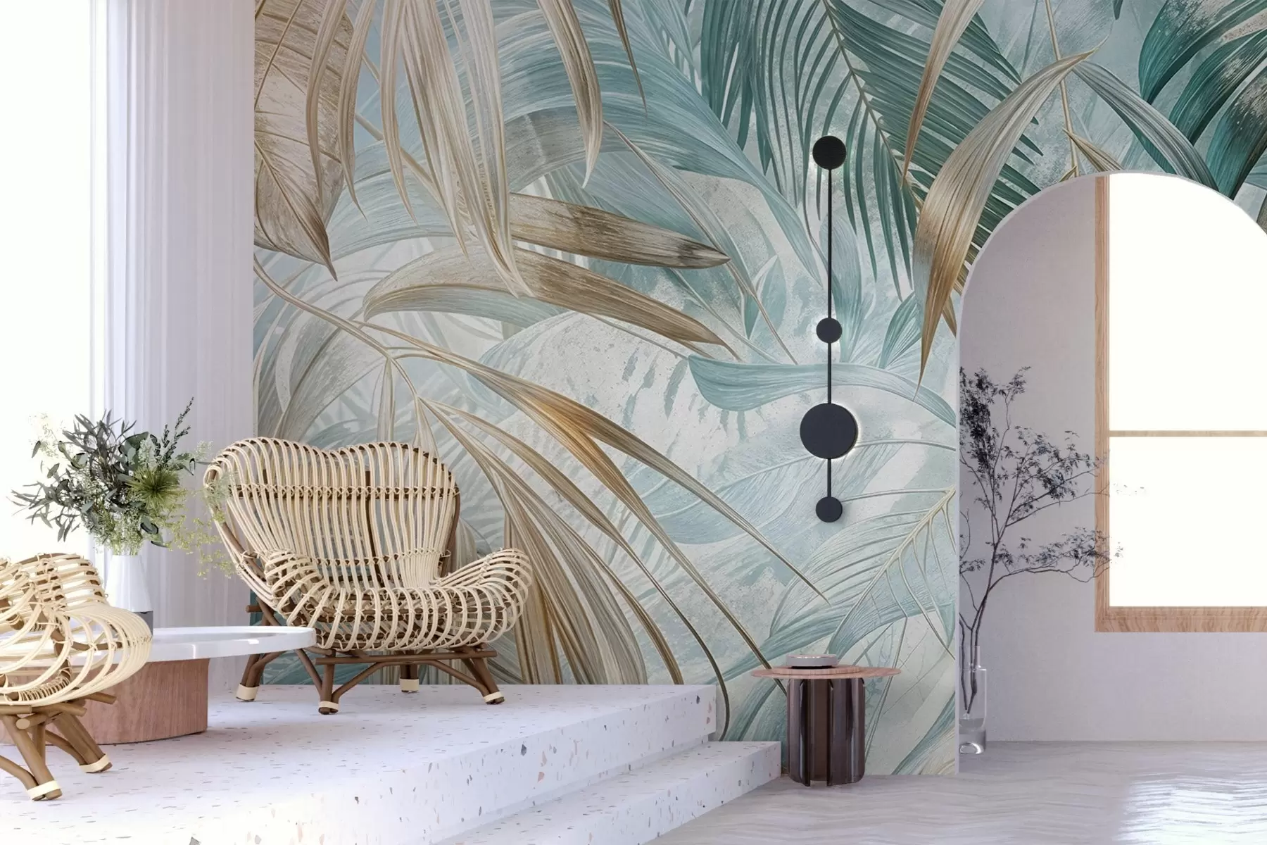 murales de pared Un estampado floral abstracto tropical con grandes hojas de palmera en tonos azules y beige crea un ambiente exuberante w08532