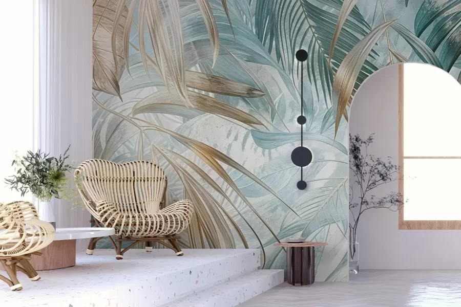 murales de pared Un estampado floral abstracto tropical con grandes hojas de palmera en tonos azules y beige crea un ambiente exuberante w08532