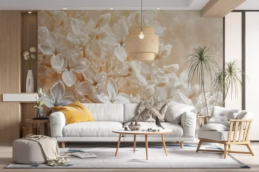 murales de pared Delicadas flores blancas de color lila con un suave fondo amarillo difuminado w08533