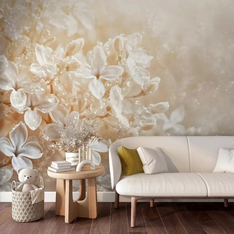 murales de pared Delicadas flores blancas de color lila con un suave fondo amarillo difuminado w08533