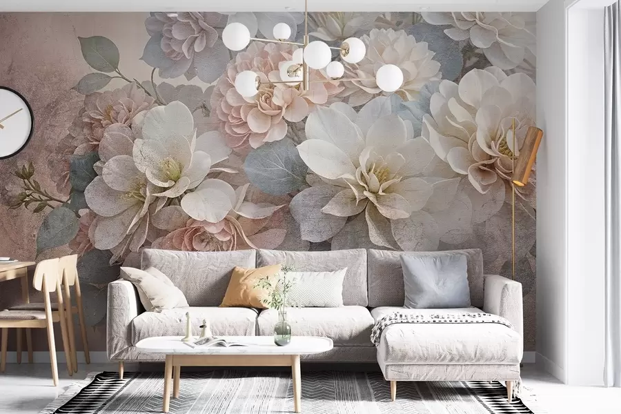 murales de pared Estampado de textura suave con flores de peonía melocotón y blancas con hojas verdes sobre fondo beige w08534