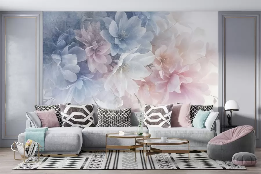 murales de pared Arreglo floral de textura suave y colores pastel con flores grandes y delicadas en tonos rosa, azul y blanco  w08535