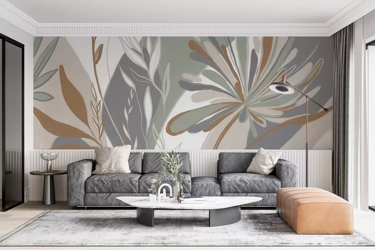 murales de pared Estampado abstracto floral minimalista con hojas y pétalos estilizados en tonos verdes, grises y beige w08536