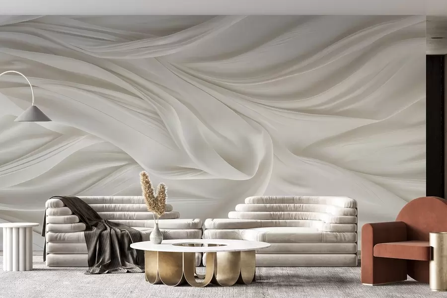 murales de pared Estampado moderno con imitación de tela blanca lisa y fluida con pliegues suaves y ondulantes w08537