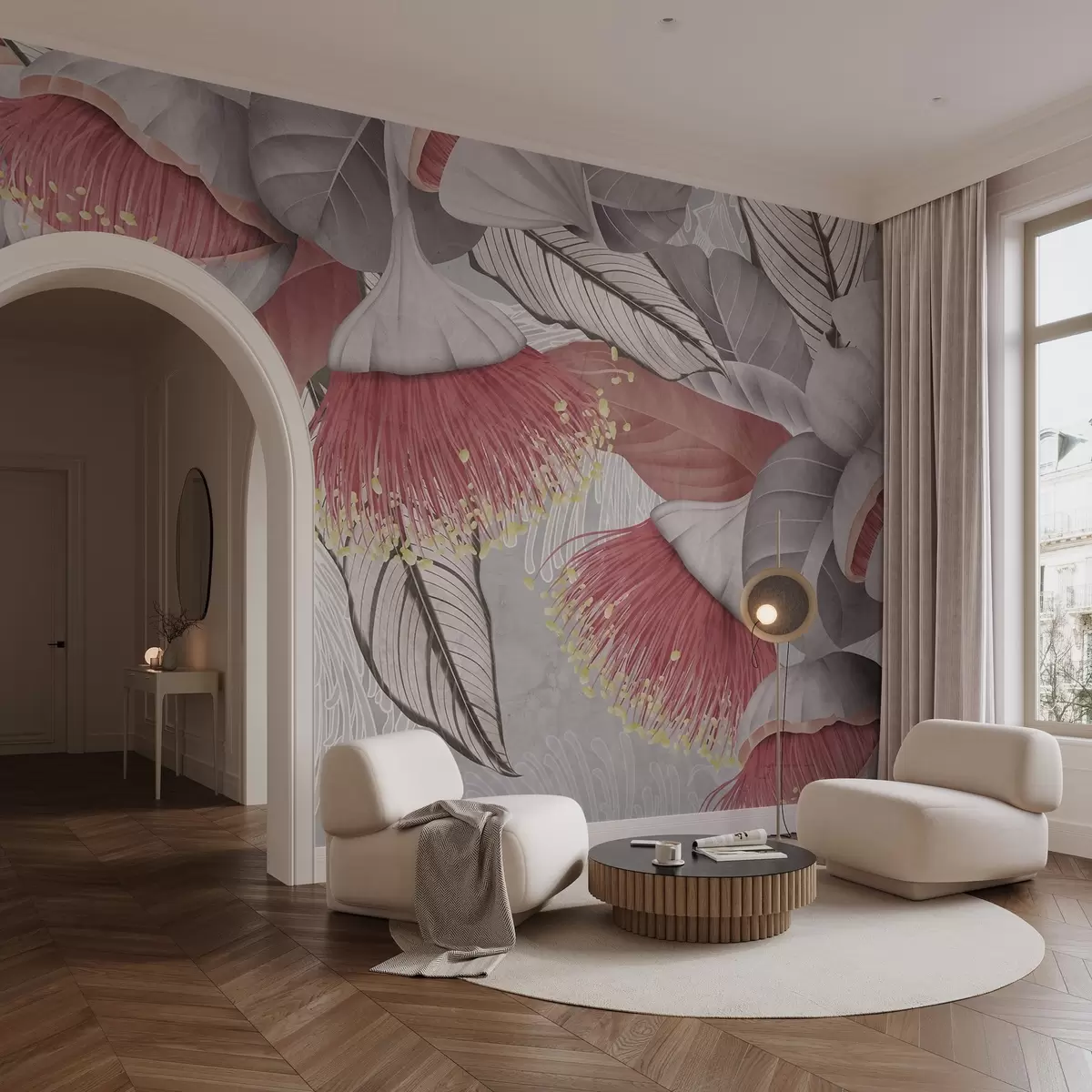 murales de pared Ilustración botánica de grandes flores de eucalipto con largos estambres sobre fondo gris y blanco w08539