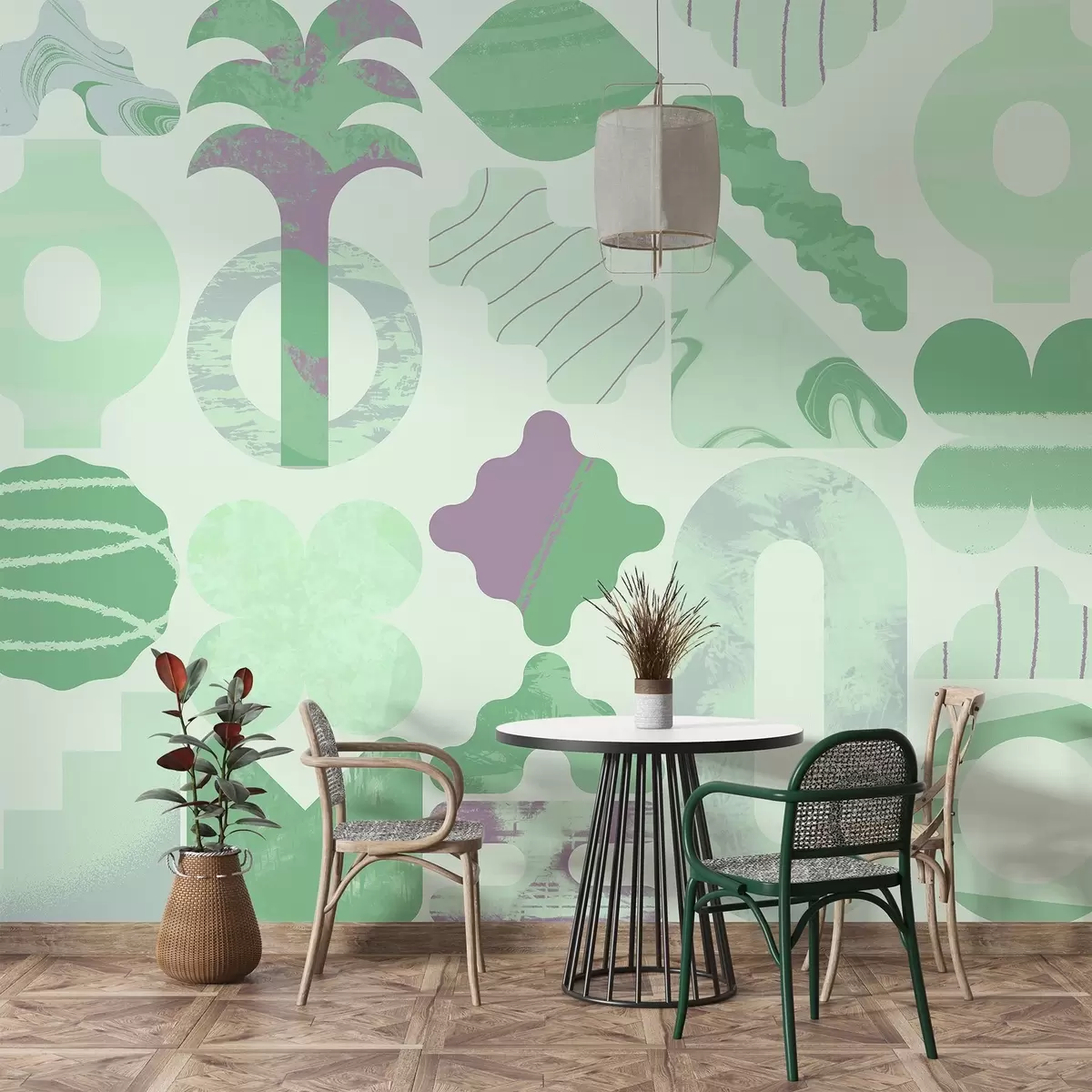 murales de pared varias formas interesantes, geometría moderna en colores verdes w02550v2