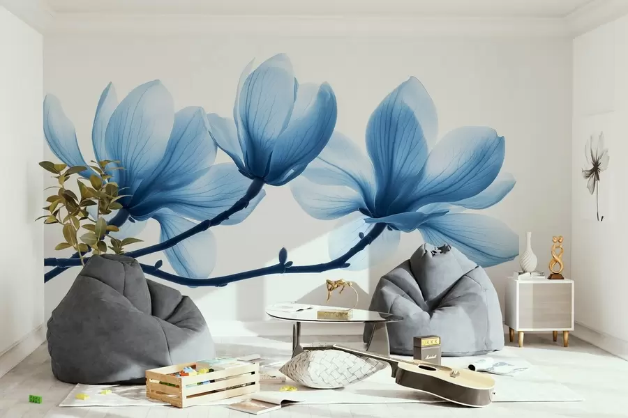 murales de pared delicadas flores azules de magnolia en las ramas w02633