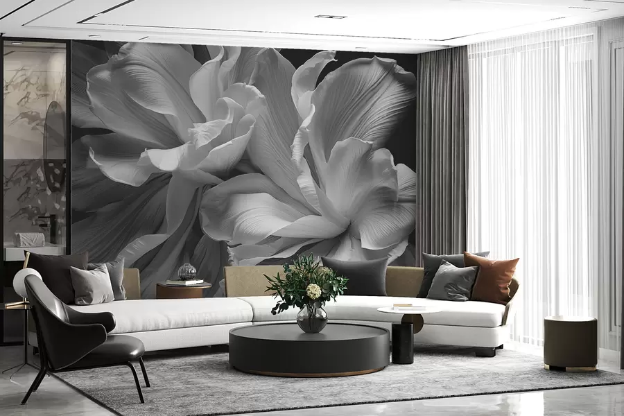 murales de pared Grandes pétalos de flores en blanco y negro w02554
