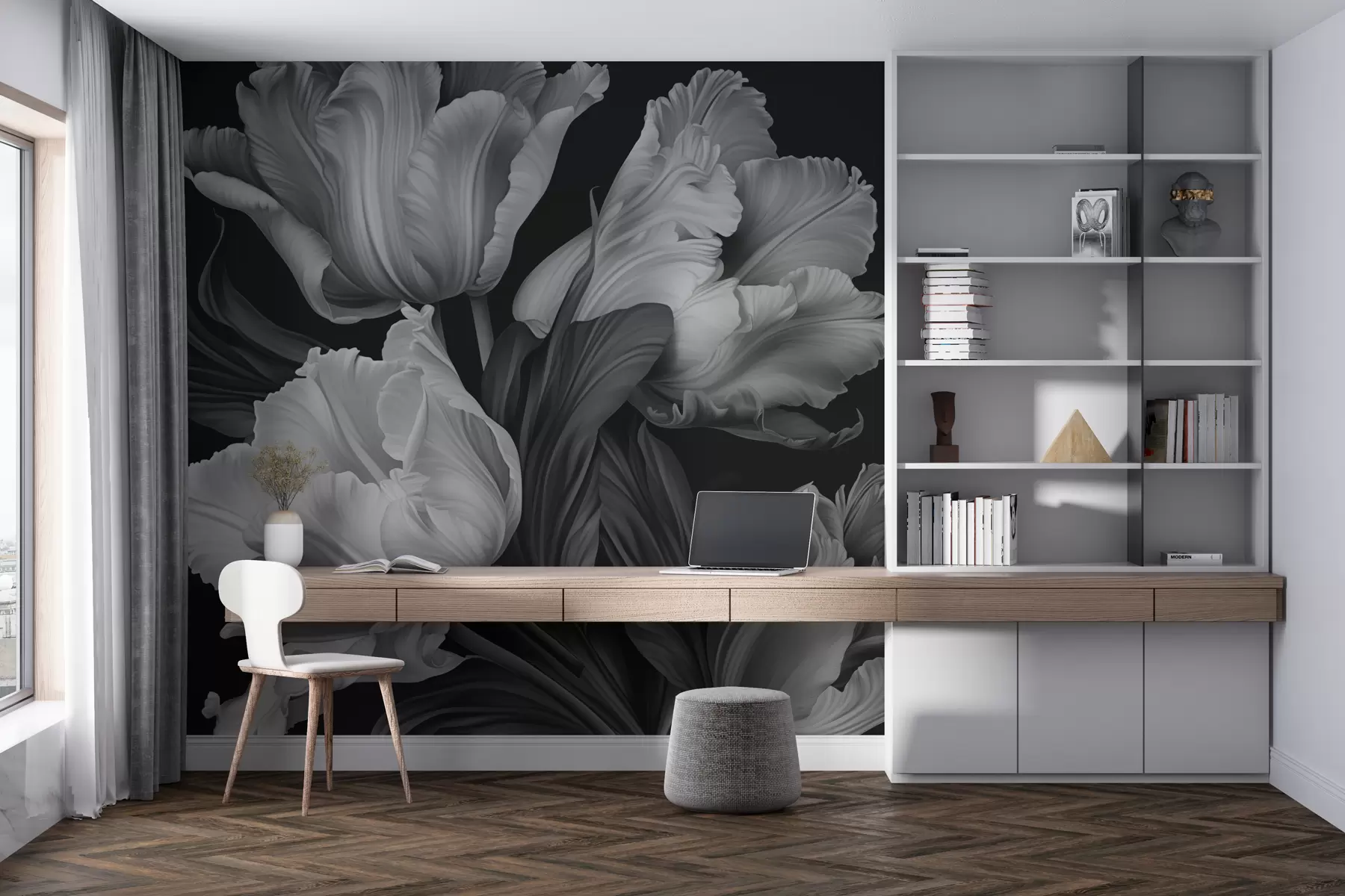 murales de pared Tulipanes en blanco y negro en estilo fotorrealista w02557