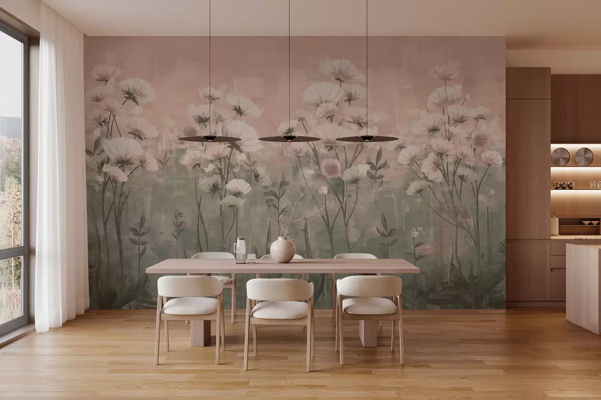 murales de pared Delicadas flores silvestres con efecto de pinceladas en rosa w02629